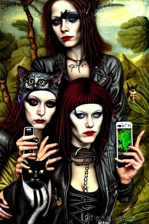 Image similar to punk rock girls making selfie with black cats in jungle , 1980 style, mad max jacket, post apocalyptic, renaissance, Gothic, highly detailed, digital painting, 4k, oil painting by Leonardo Da Vinci, hyper realistic style, fantasy by Olga Fedorova