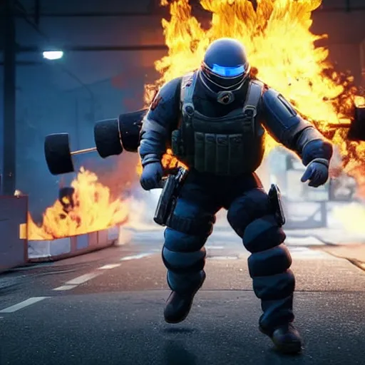 Image similar to Montagne from Rainbow Six Siege standing on a hoverboard leaving behind a trail of flames and explosions