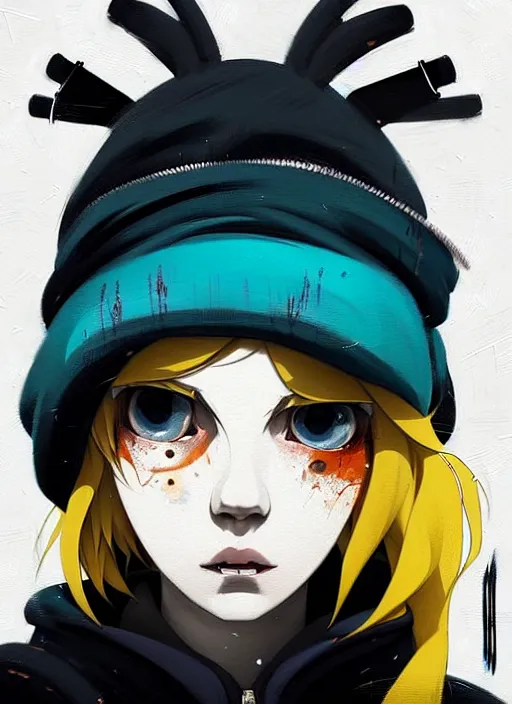 Image similar to highly detailed portrait of a sewer punk lady student, blue eyes, tartan hoody, hat, white hair by atey ghailan, by greg rutkowski, by greg tocchini, by james gilleard, by kaethe butcher, gradient yellow, black, brown and cyan color scheme, grunge aesthetic!!! ( ( graffiti tag wall ) )