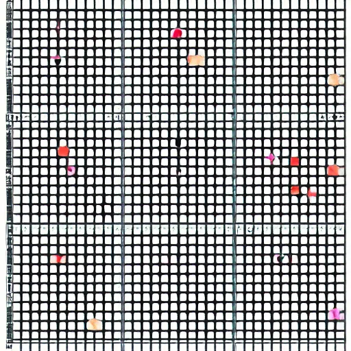 Prompt: colorful dots placed on a grid with grey lines and a white outline, black background, numbers above and to the right of the grid