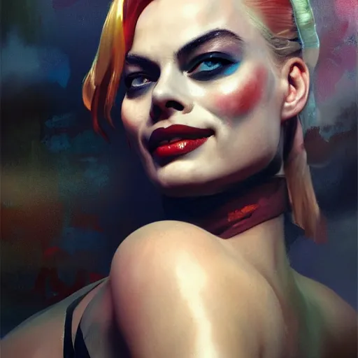 Image similar to margot robbie as harley quinn, hyperrealistic full figure, bladerunner street alley, art of elysium by frank frazetta and by jeremy mann and by alphonse mucha, fantasy art, photo realistic, dynamic lighting, artstation, full figure poster, volumetric lighting, very detailed face, 4 k, award winning