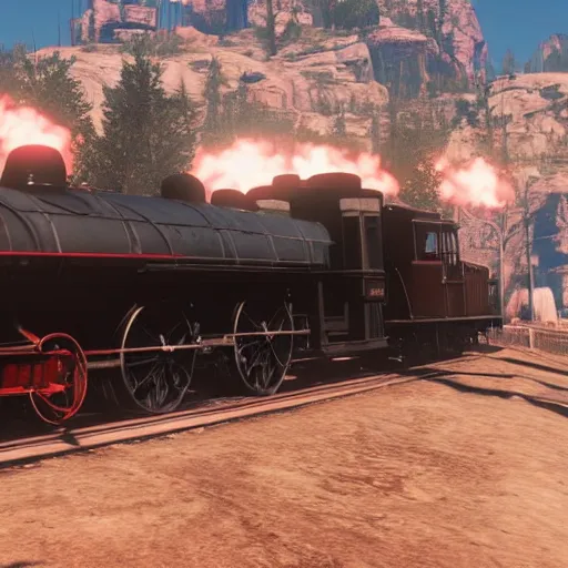 Image similar to futuristic sleek steam locomotive in red dead redemption 2