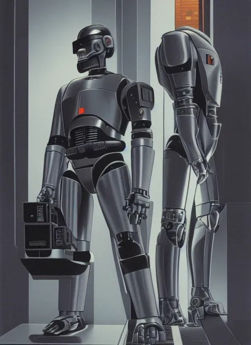 Image similar to Robocop by Ralph Mcquarrie, highly detailed, sharp focus, illustration