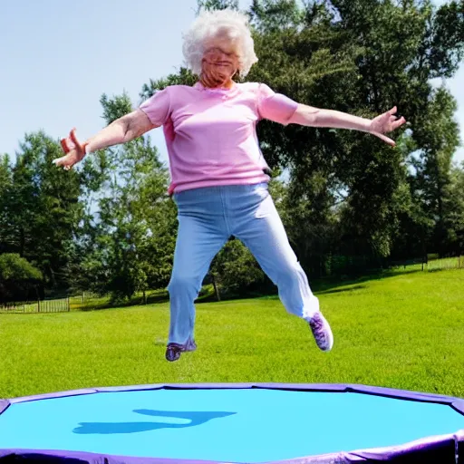 Prompt: grandma jumping on trampoline