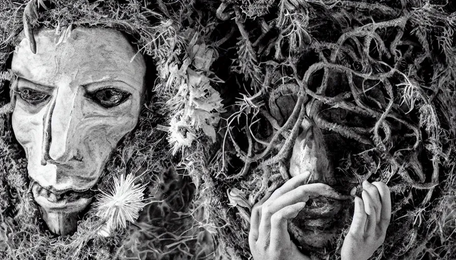 Image similar to portrait of a tyrolean folklore mask, dolomite, forest, wearing hay coat, with horns, eerie, flowers growing out of his body, detailed intricate insanely detailed octane render, 8k artistic 1920s photography, black and white, grainy, photorealistic, chiaroscuro, by David Cronenberg, Raphael, Caravaggio