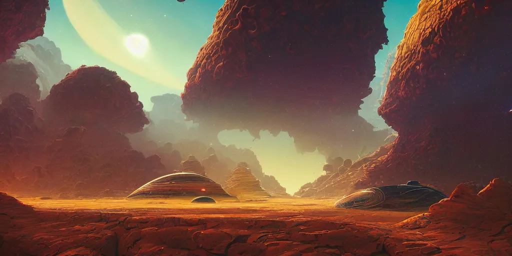 Image similar to terraforming mars, a highly detailed cinematic oil painting by roger dean and alena aenami, crashed spaceship!!, dynamic lighting