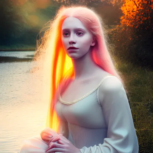 Prompt: photographic portrait of a stunningly beautiful english renaissance female mage in soft dreamy light at sunset, beside the river, soft focus, contemporary fashion shoot, hasselblad nikon, by edward robert hughes