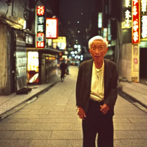 Image similar to landscape, old man in tokyo at night, wearing gold chain, gold rings, cinestill 8 0 0,