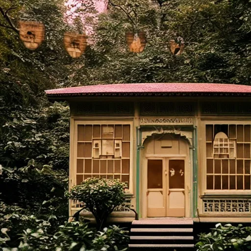 Image similar to a still from a Wes Anderson movie about a magical tea house