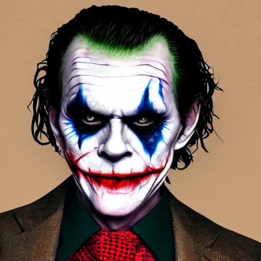 Image similar to william dafoe wearing purple suit and joker makeup cinematic photoshoot high quality highly affordable photo realistic 8 k hd