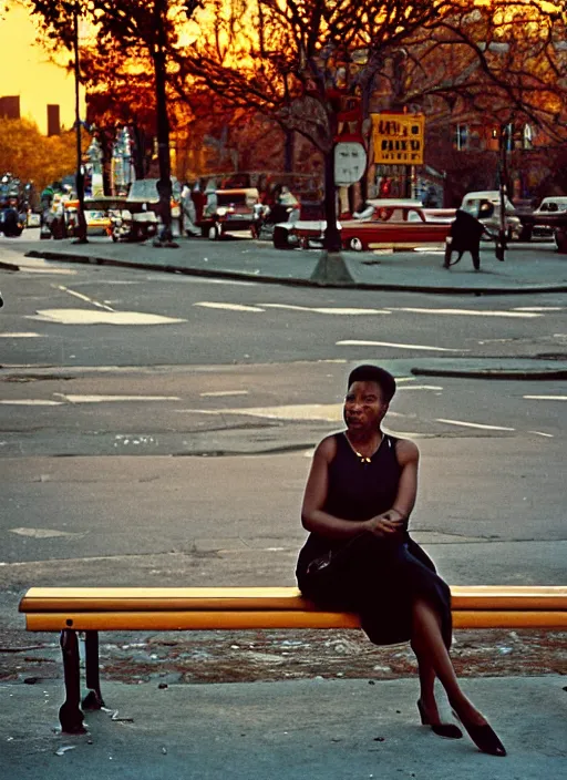 Image similar to a 35mm photograph of a woman sitting on a bench in Harlem, New York City in the 1960's at sunset, bokeh, Canon 50mm, cinematic lighting, photography, retro, film, Kodachrome, award-winning, rule of thirds, golden hour