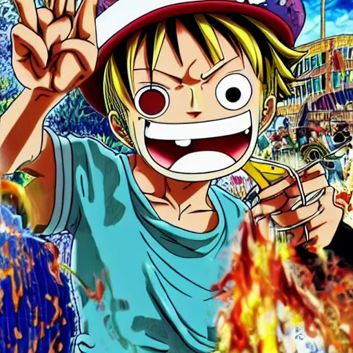 Prompt: One Piece Anime key visual of a large man with blonde hair, blue eyes and a bushy beard, wearing a tie dye t-shirt and a straw hat while smoking a pipe in the style of Eiichiro Oda