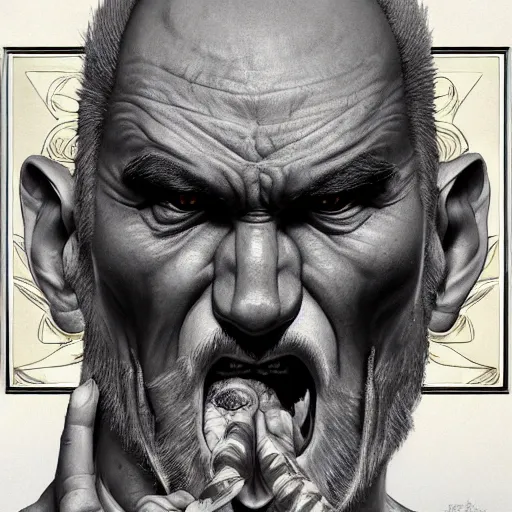 Image similar to ultra realistic illustration of heihachi mishima devouring kazuya mishima, intricate, elegant, highly detailed, digital painting, artstation, concept art, smooth, sharp focus, illustration, art by artgerm and greg rutkowski and alphonse mucha