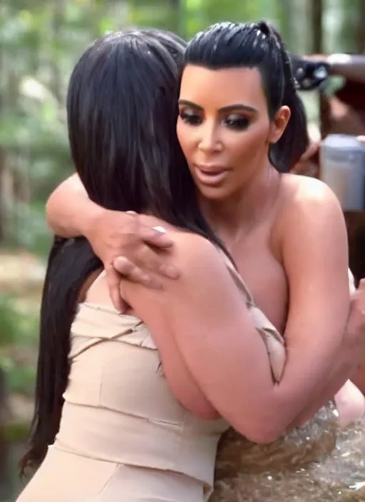 Image similar to film still of kim kardashian being hugged by bubbles from trailer park boys,