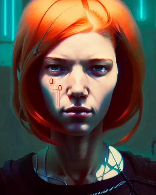 Image similar to cyberpunk synth, hyper - realistic detailed portrait of a happy girl, red hair, cinematic, by atey ghailan, by greg rutkowski, by greg tocchini, by james gilleard, by joe fenton, by kaethe butcher, 8 k, very intricate, dynamic lighting, gradient light blue, brown, blonde cream and white color scheme, sharp focus, grunge aesthetic