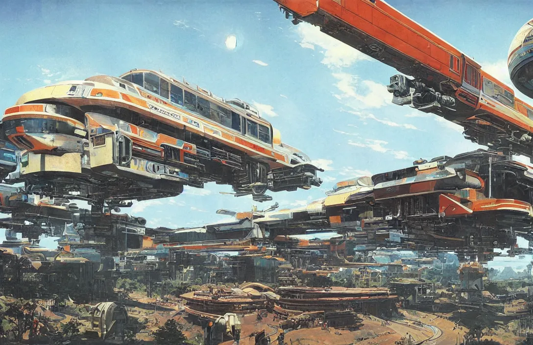 Image similar to a retro futurism elevated railway on colonized planet by robert mccall and john berkey | ralph mcquarrie :. 5