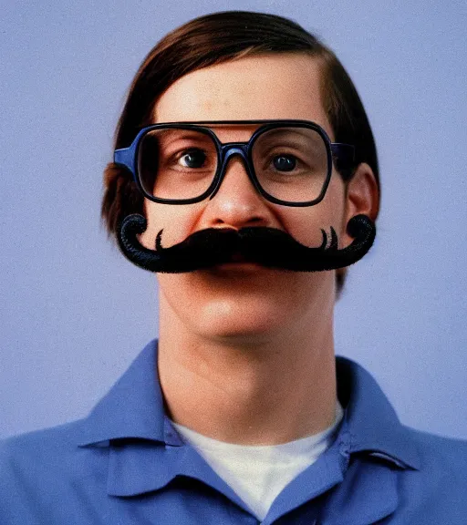 Prompt: 1 9 8 0 s photo of high school janitor with aesthetic glasses and a mustache, realistic photo, blue cloudy backdrop