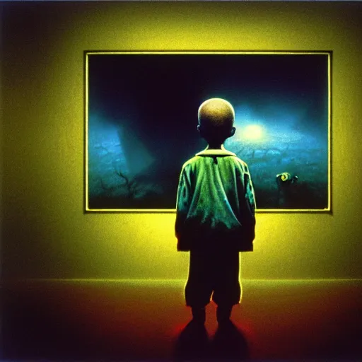 Image similar to 8k professional photo of an 8 years old enlightened and scared boy standing in front of an old computer from 90s with a game doom2 at the monitor screen in a vr vaporwave space, Beksinski impasto painting, part by Adrian Ghenie and Gerhard Richter. art by Takato Yamamoto, masterpiece. still from a movie by Gaspar Noe and James Cameron