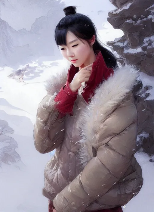 Image similar to a beautiful chinese woman in down jacket ， a goose ， winer ， wenjun lin intricate, elegant, highly detailed, digital painting, artstation, concept art, matte, sharp focus, illustration, hearthstone, art by artgerm and greg rutkowski and alphonse mucha