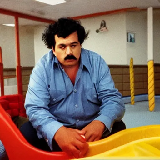 Image similar to Pablo Escobar smoking a joint in the middle of a McDonald’s playplace