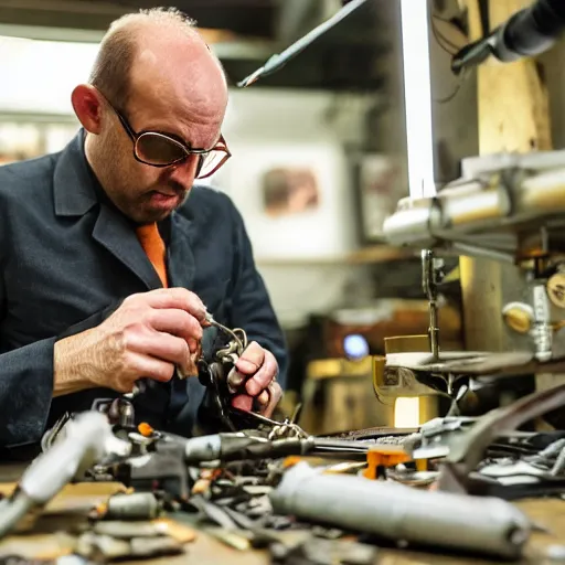 Image similar to balding cyborg professor using jeweller's loupe with orange led light, inspecting complex gun made from rusted metal kitchen utensils, smoking soldering iron, fluorescent lighting, messy workshop, highly detailed, sci - fi, futuristic, movie still from blade runner