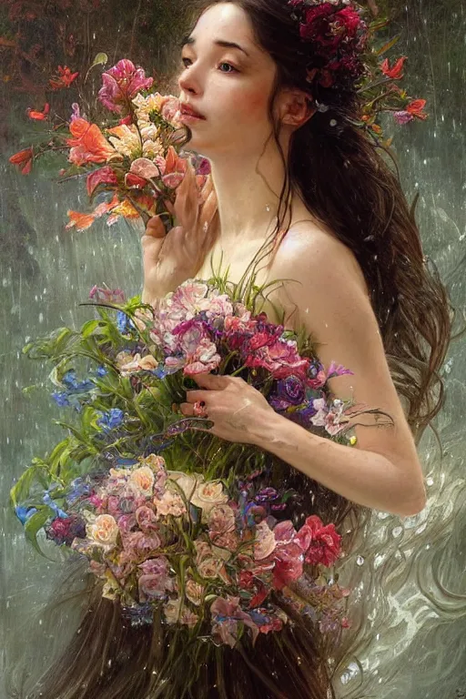 Image similar to portrait of a beautiful mysterious woman holding a bouquet of flowing flowers, wet dripping long hair, hands hidden under the bouquet, emerging from the water, fantasy, regal, intricate, by stanley artgerm lau, greg rutkowski, thomas kindkade, alphonse mucha, loish, norman rockwell