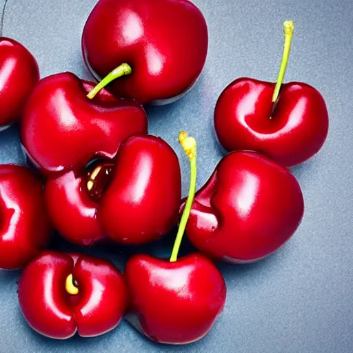 Image similar to Cherries, cherry inside a cherry, cherry explosion, white background, 3d