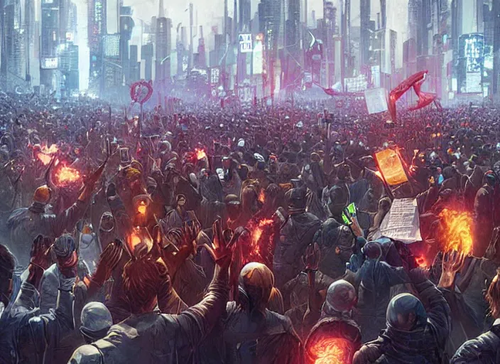 Image similar to angry protesters holding placards, digital illustration by greg rutkowski, cyberpunk, android netrunner