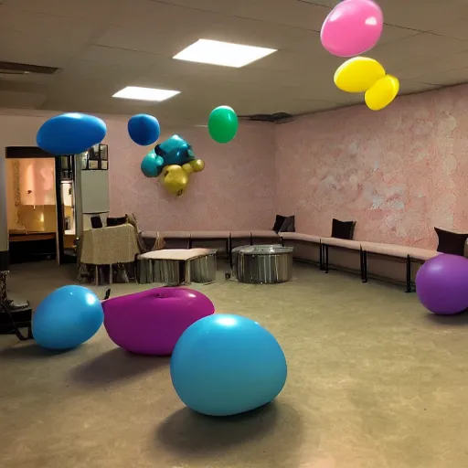 Prompt: photo of the backrooms with balloons and disco ball