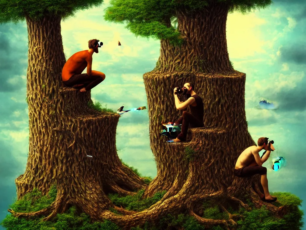 Prompt: highly detailed photo of a man sitting on a tree trunk looking to the left with binoculars, trending on deviantart, neo surrealism, sharp focus, a lot of little details, octane, masterpiece, art by max ernst