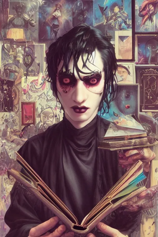 Prompt: goth guy reading a book in a cluttered messy 9 0 s bedroom, artgerm, tom bagshaw, gerald brom, vaporwave, vaporwave colors, 9 0 s, 9 0 s aesthetic, perfect face, detailed face, symmetrical face,