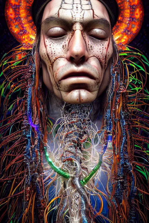 Prompt: close-up macro portrait of the face of a psychedelic shaman with trinket necklace, epic angle and pose, symmetrical artwork, 3d with depth of field, blurred background, cybernetic jellyfish male face skull ayahuasca, translucent, fungus, energy flows of water and fire. a highly detailed epic cinematic concept art CG render. made in Maya, Blender and Photoshop, octane render, excellent composition, cinematic dystopian brutalist atmosphere, dynamic dramatic cinematic lighting, aesthetic, very inspirational, arthouse, Greg Rutkowski, Ilya Kuvshinov, WLOP, Stanley Artgerm Lau, Ruan Jia and Fenghua Zhong
