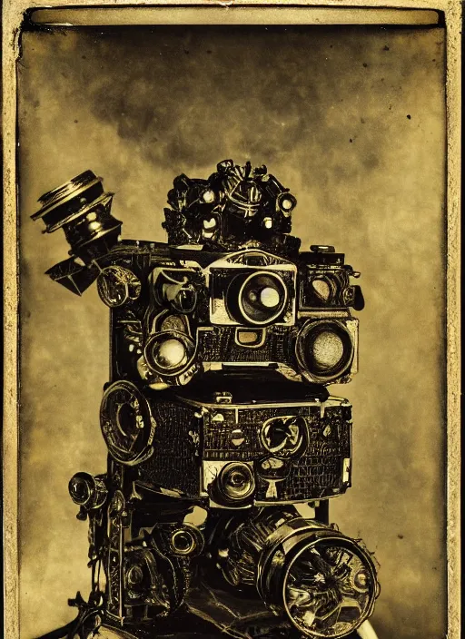 Image similar to old wetplate daguerreotype portrait of futuristi robot, dubbel exposuree, explosion of data fragments, fractal, intricate, elegant, highly detailed, parallax, leica, medium format, subsurface scattering, by jheronimus bosch and greg rutkowski and louis jacques mande daguerre