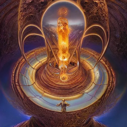 Image similar to The portal master tarot card by Tomasz Alen Kopera and Salvador Dali and moebius, impressive perspective, seen from above, masterpiece, 8k, dynamic lighting, Highly Detailed, trending on artstation