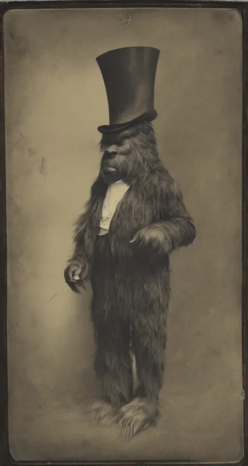 Prompt: a vintage wet plate portrait of a dignified bigfoot with a top hat and cane, extremely detailed