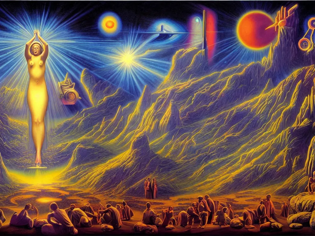 Prompt: a beautiful future for human evolution, spiritual science, holy divinity, utopian, by david a. hardy, wpa, public works mural, socialist