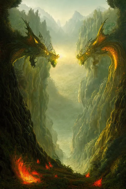 Image similar to a beautiful digital illustration painting of a detailed gothic fantasy valley and forest dragon fire fey unseelie, by benoit b. mandelbrot, steven belledin, martin johnson heade, lee madgwick, caspar david friedrich, and david rios ferreira. 8 k resolution trending on artstation concept art digital illustration