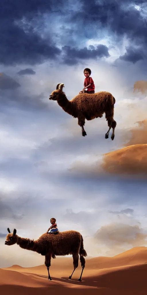 Image similar to A baby riding a Lama in the desert, cloudy sky, digital art, matte painting, style by alex ross,