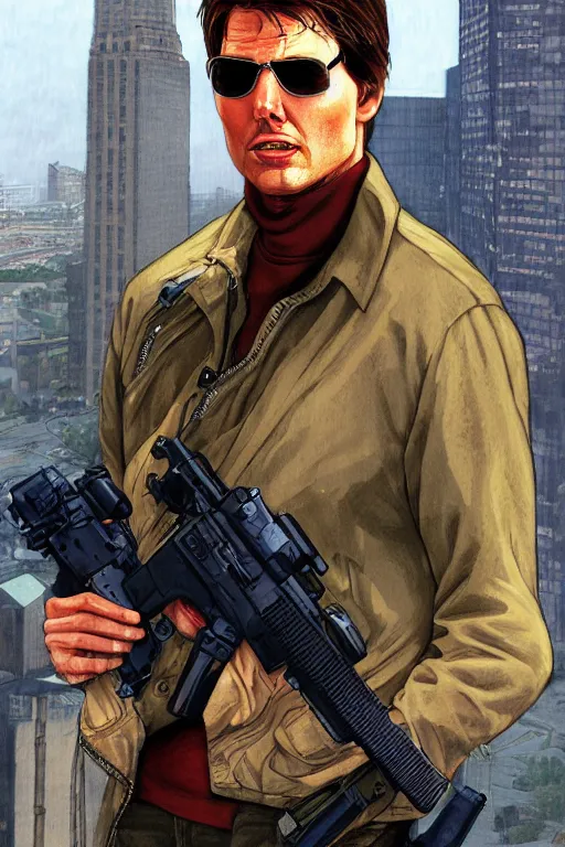 Prompt: a medium shot of tom cruise in gta 4, cover art by stephen bliss, highly detailed, trending on artstationhq