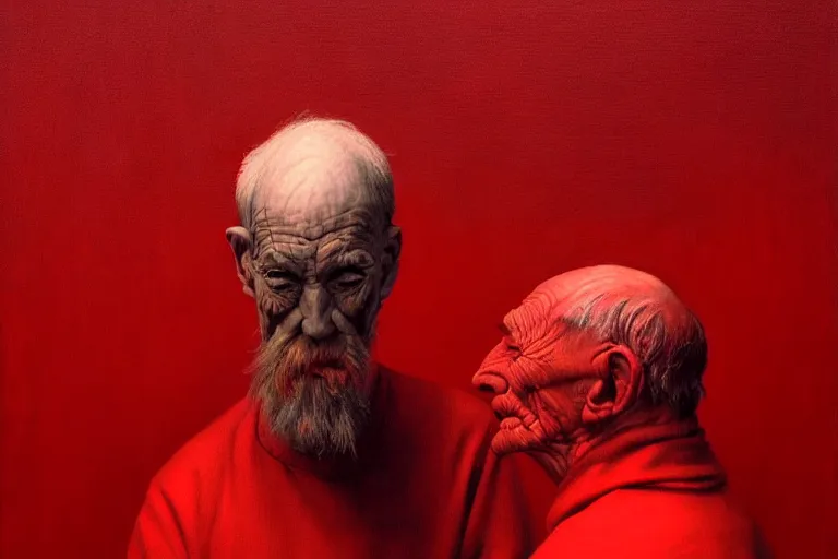 Image similar to only with red, a red old man try to sell a portrait, cheering crowd, in the style of beksinski, parts by edward hopper, parts by rodcenko, parts by yue minjun, intricate and epic composition, red by caravaggio, insanely quality, highly detailed, masterpiece, red light, artstation, 4 k