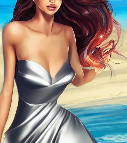 Image similar to beautiful princess wearing a skintight satin prom dress on the beach drawn by artgerm