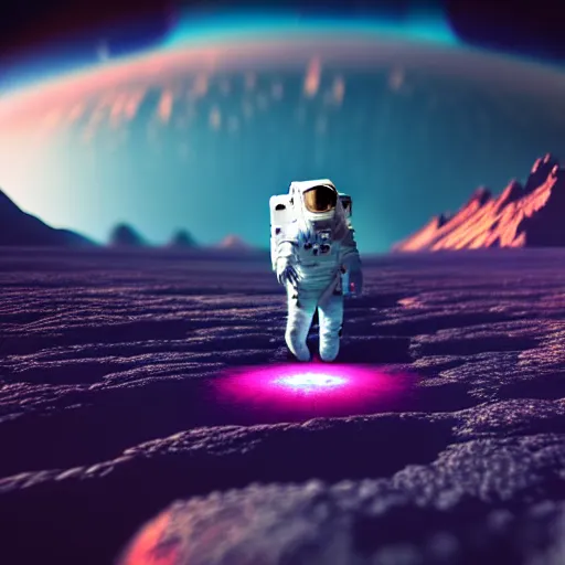 Image similar to astronaut finding a flower on an alien planet with mountains, water, strange clouds, hyper realistic, dramatic lightning, ray tracing, 8 k