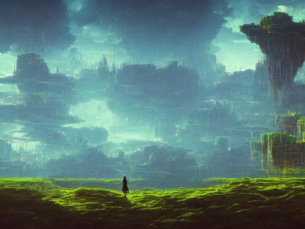 Prompt: synthwave landscape of a lone traveler walking towards a distant and lofty futuristic castle, complex, grid, wireframe, by Paul Lehr and Thomas Cole, wide angle, highly detailed, cinematic, Blue and Green color scheme