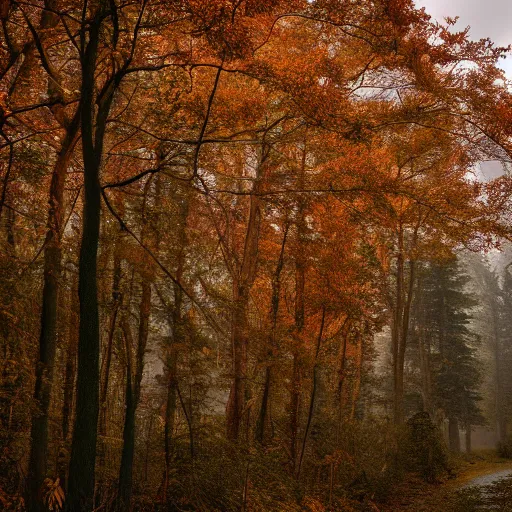 Prompt: A forest in fall with a overcast sky. Muted colors.