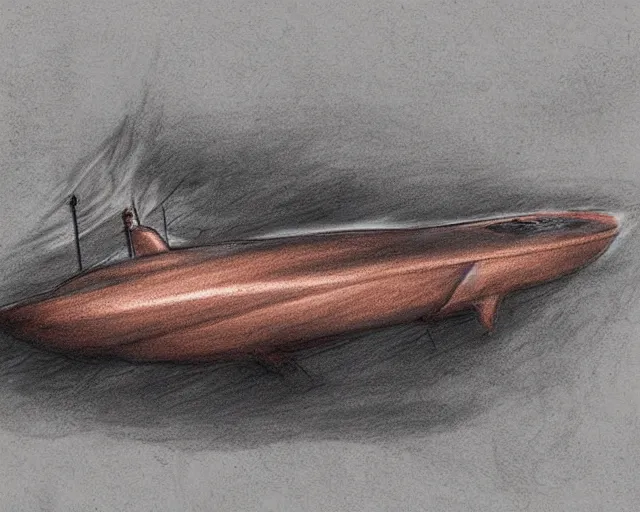 Image similar to submarine spaceship, copper and ceramic, charcoal and pastel concept art illustration