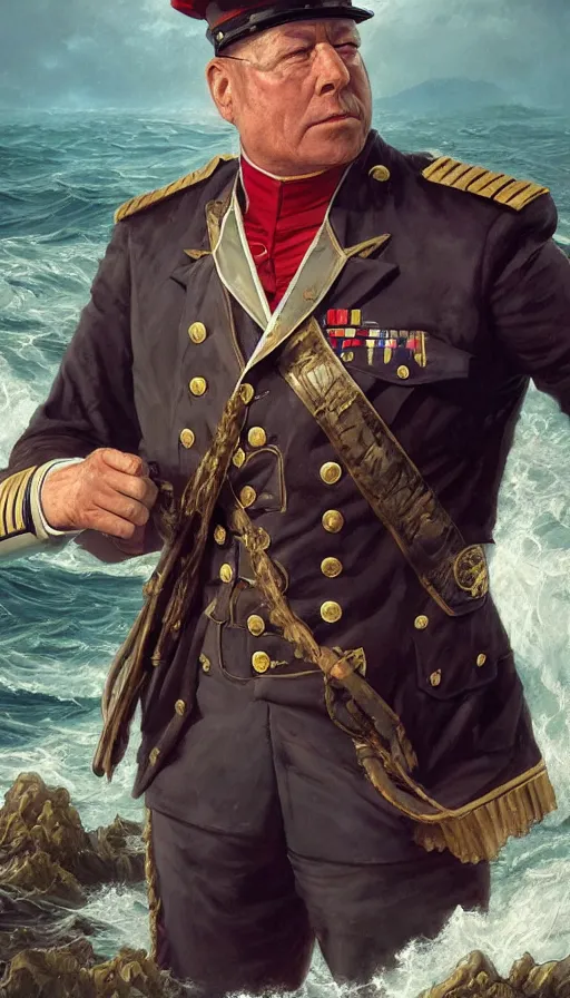 Image similar to proud commodore marine captain, stern look, late xix century commander vest, full body portrait xix immpresionist paint, wild ocean background, highly detailed, digital painting, artstation, concept art, sharp focus, illustration, art by Artgerm, Greg Rutkowski, Craig Mullins, WLOP, Ross tran, James Jean, Andrei Riabovitchev, magic the gathering, - W 640