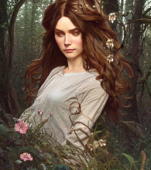 Prompt: beautiful cottagecore woman with brown hair, intricate, magical forest, stunning, highly detailed, digital painting, artstation, concept art, smooth, sharp, focus, illustration, art by artgerm and greg rutkowski and alphonse mucha