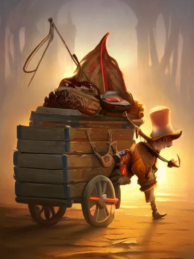 Prompt: a tinker carrying a giant wagon full of trinkets and hanging artifacts. intricate, elegant, highly detailed, digital painting, artstation, concept art, sharp focus, illustration, by justin gerard and artgerm, 8 k