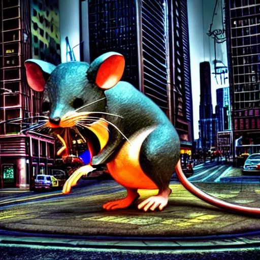 Image similar to giant mouse in the city, photorealistic, highly detailed, sharp focus, vivid, symmetrical, random, convoluted, mind - blowing, creative, fully functional, physics defying, amazing, cool, hdr