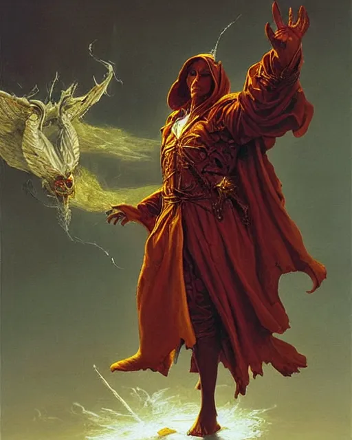 Image similar to A chaotic evil dnd wizard, he wears robes. Award winning oil painting by Thomas Cole and Wayne Barlowe. Highly detailed